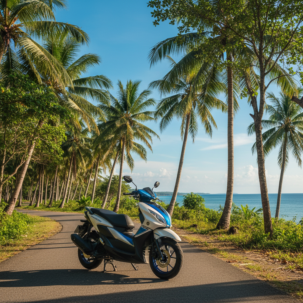 A brand new Yamaha Fazzio scooter motorbike parked on a scenic tropical road in Palawan, Philippines, with lush green palm trees and bright blue sky in the background. Bright, vibrant, travel photography style.