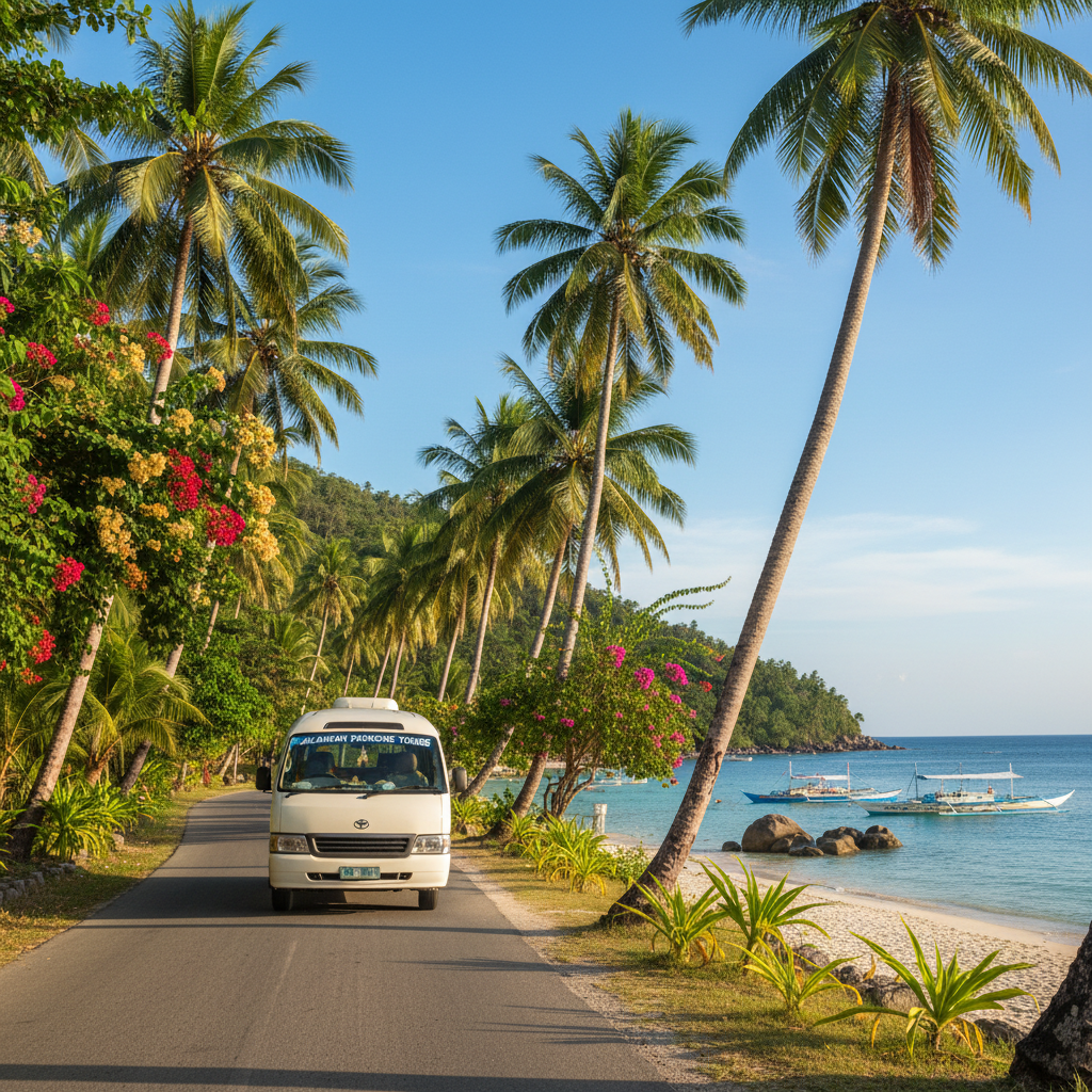 A white shuttle van on a scenic tropical beach road in Palawan, Philippines. Lush palm trees on the sides, crystal-clear turquoise ocean in the background, bright sunny day, vibrant tropical colors, photorealistic style.